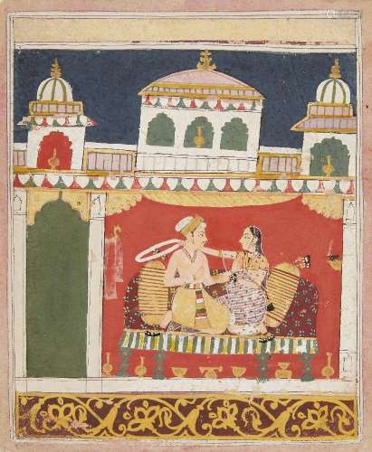 Lovers in a pavilion, Malwa, India, circa 1680, <br />
gouac...