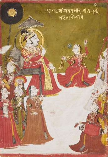 A portrait of Jagat Singh II of Mewar (1734-1751) watching a...