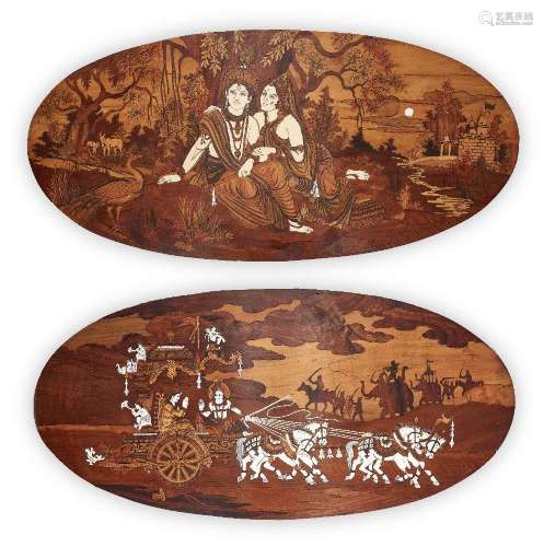 Two large wood- and bone-inlaid plaques with scenes depictin...