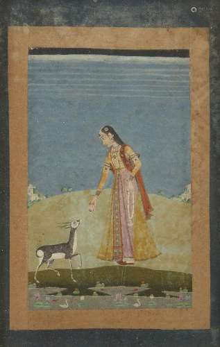 A maiden and a gazelle near a stream, Hyderabad, Deccan, cir...