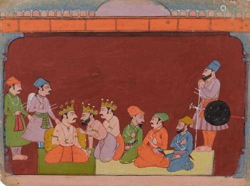 Kings seated in a row, Bilaspur (Basohli), circa1680, from a...