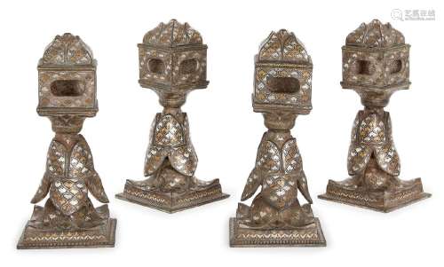 Four bidri silver and copper-inlaid Charpai legs, Bidar, Dec...
