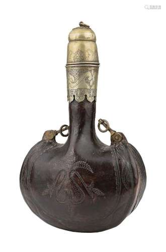A rare large inscribed brass-mounted leather flask, North In...