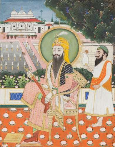 A portrait of Maharaja Ranjit Singh on a terrace, Sikh schoo...