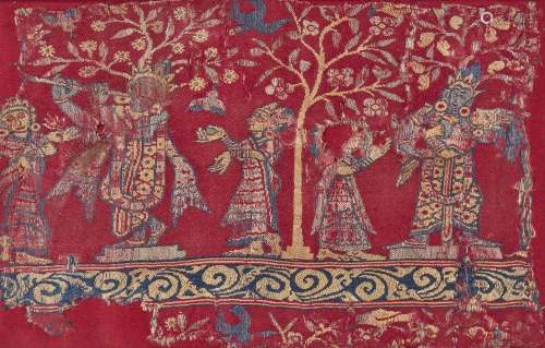 A silk lampas fragment depicting Krishna playing the flute, ...