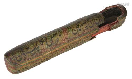 A large lacquered papier mache qalamdan with calligraphy, Ka...