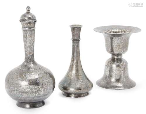 A bidri lidded surahi, hookah, and vase, Lucknow India, earl...