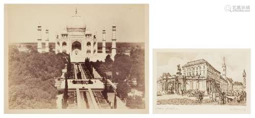 A black and white photograph of the Taj Mahal, Agra, India, ...