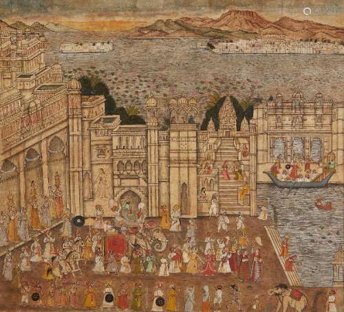 A large palace scene, Rajasthan, India, after 1900, gouache ...