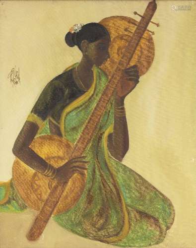 B. Prabha (Indian, 1933 - 2001), Musician, Oil on canvas, si...