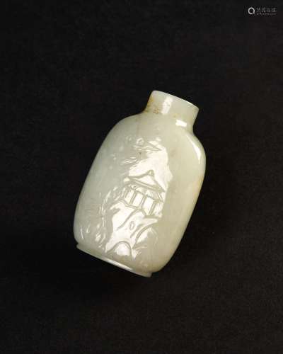 A CARVED CHINESE WHITE JADE SNUFF BOTTLE WITH SCENES OF NATU...