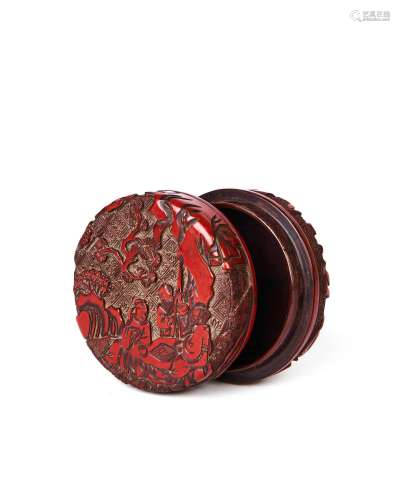 AN EXTREMELY RARE CARVED CINNABAR LACQUER CIRCULAR BOX AND C...