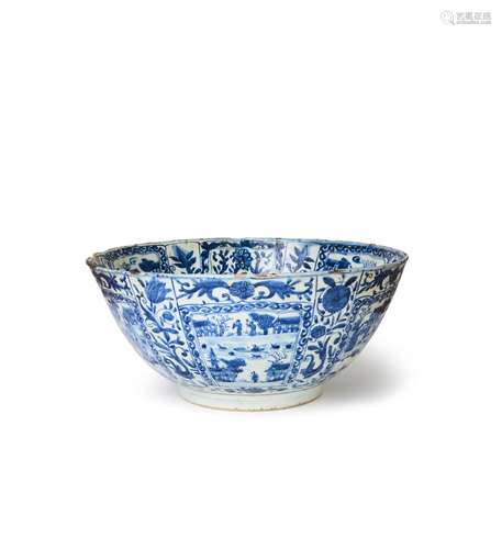 A MONUMENTAL CHINESE BLUE & WHITE FIGURAL PANELLED BOWL,...