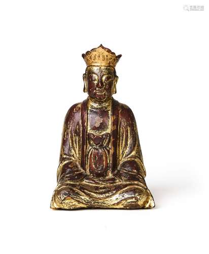 A LARGE CHINESE GILT WOOD LACQUER FIGURE OF A SEATED BUDDHA,...