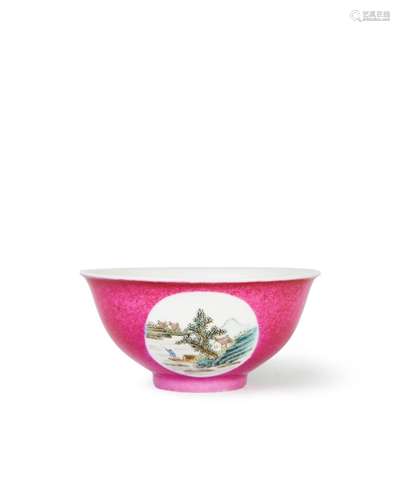 A CHINESE RUBY GROUND MEDALLION BOWL WITH QIANLONG MARK BUT ...