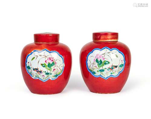 A PAIR OF CHINESE ORANGE GROUND LIDDED GINGER JARS, REPUBLIC...