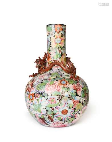 A CHINESE FAMILLE ROSE MILLEFLEUR DRAGON VASE, QIANLONG SEAL...