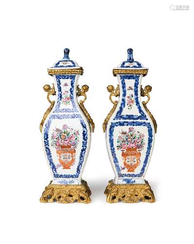 A PAIR OF CHINESE BLUE & WHITE FLORAL VASES, ON FRENCH M...