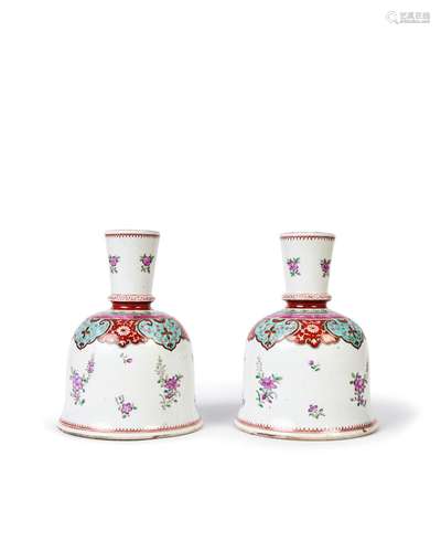 A PAIR OF CHINESE FAMILLE ROSE CANDLESTICKS, QIANLONG MARK (...