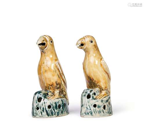 A HIGHLY UNUSUAL COLOUR PAIR OF CHINESE GLAZED PARROTS, KANG...