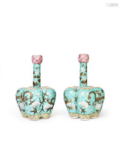 A PAIR OF CHINESE TURQUOISE GROUND FAMILLE ROSE TULIP VASES,...