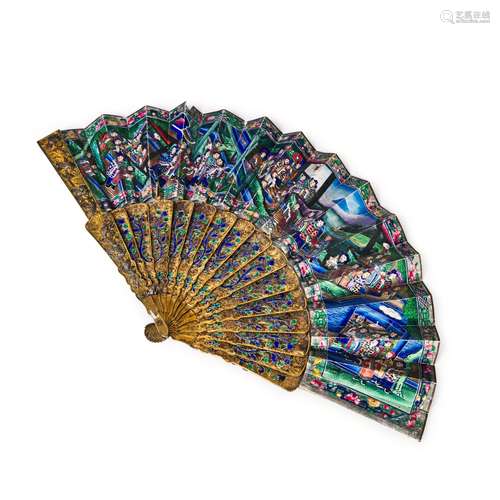 A CHINESE SILVER GILT FILIGREE ENAMEL FAN WITH FIGURES, QING...