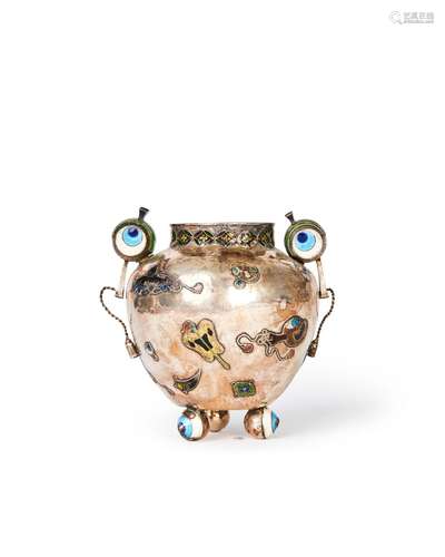 A JAPANESE SILVER & ENAMEL TRIPOD "EYE" CENSER...