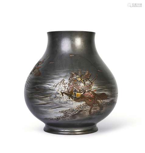 A LARGE JAPANESE MIX METAL VASE DEPICTING A WARRIOR ON A HOR...