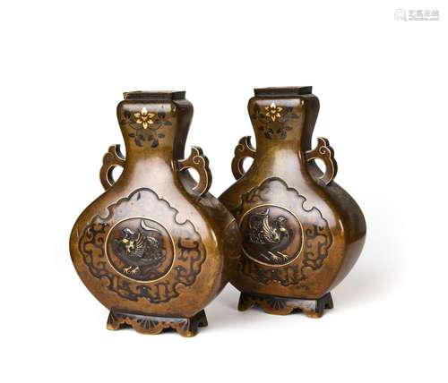 A PAIR OF JAPANESE MIX METAL VASES, MEIJI PERIOD (1868-1912)