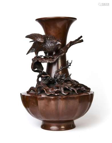 A LARGE BRONZE RAVEN OVERLOOKING IN THE TREES JAPANESE VASE,...