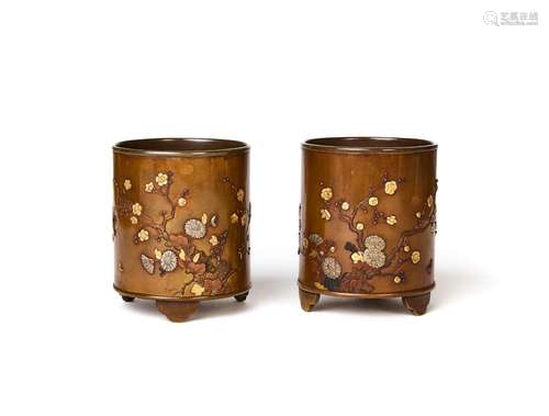 A PAIR OF JAPANESE MIX METAL BEAKERS, SIGNED NOGAWA COMPANY,...