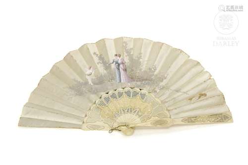 Bone and painted silk fan, 19th - 20th Century