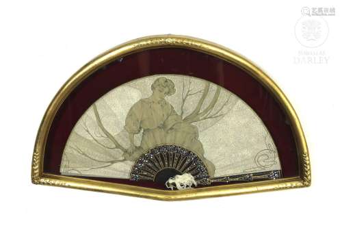 Fan painted on canvas "Lady", 20th century