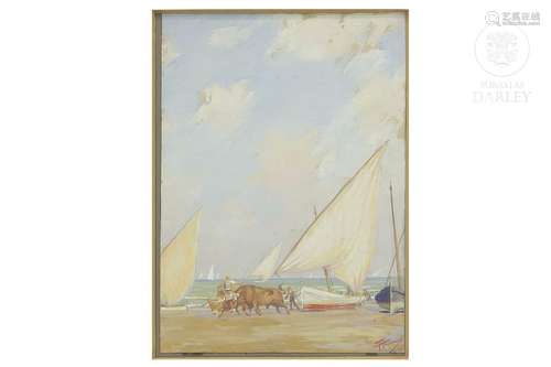 Valencian school, 20th century "Beach scene"