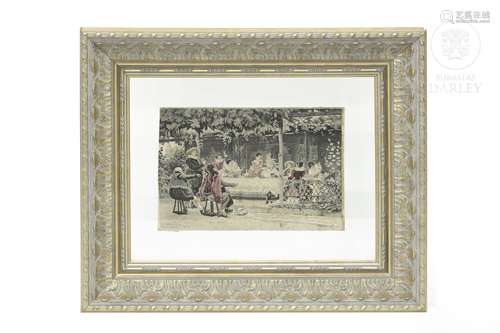 Framed French silk fabric, ca. 1900