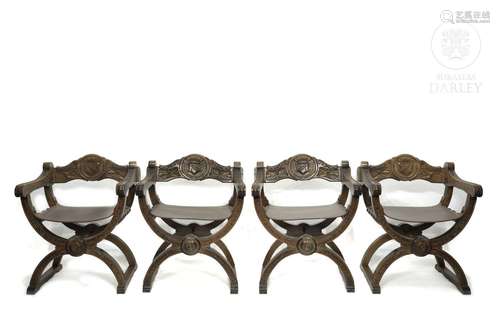 Set of four carved wooden chairs, 20th century