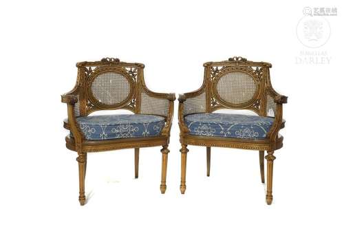 Pair of Louis XV style "bergère" armchairs, 20th c...