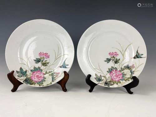 Pair of Chinese Famille Rose Porcelain Plates Marked