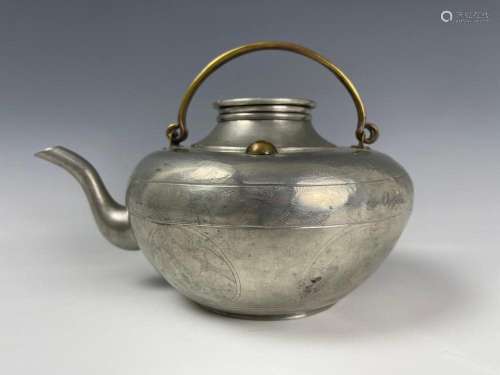 Chinese Antique Pewter Tinware Wine Warmer Marked