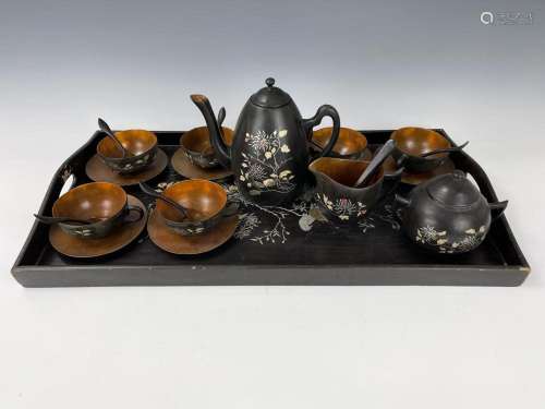 Chinese Foochow Black Lacquer Tea Set Marked