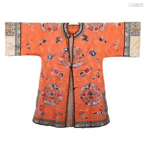 AN ORANGE-GROUND EMBROIDERED 'FLOWER' LADY'S ROBE