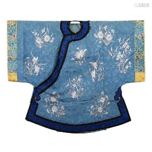 A BLUE-GROUND EMBROIDERED 'FLOWER' LADY'S ROBE