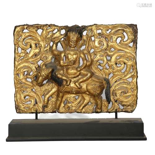 A GILT-BRONZE RELIEF PLAQUE OF PALDEN LHAMO