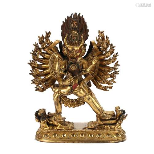 A GILT-BRONZE GROUP OF YAMANTAKA AND VAJRAVETALI