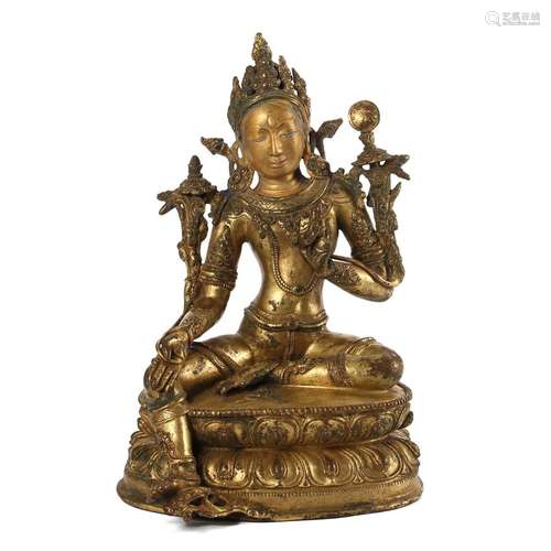 A GILT-BRONZE FIGURE OF A SEATED TARA