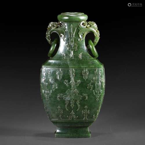 A SPINACH-GREEN JADE CARVED VASE