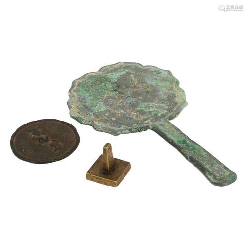 THREE BRONZE OBJECTS, MIRRORS AND A SEAL