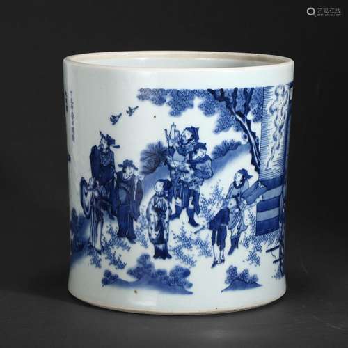 A BLUE AND WHITE 'LANDSCAPE AND FIGURES' BRUSHPOT