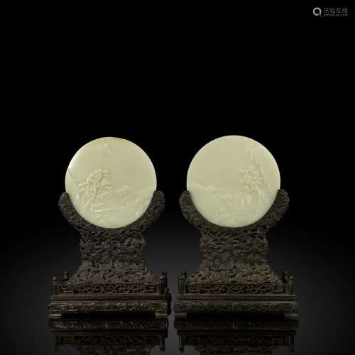 FINELY CARVED AND RARE PAIR OF PALE CELADON JADE TABLE SCREE...