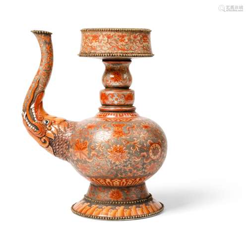 SILVER-GROUND IRON-RED DECORATED TIBETAN-STYLE EWER, PENBA H...